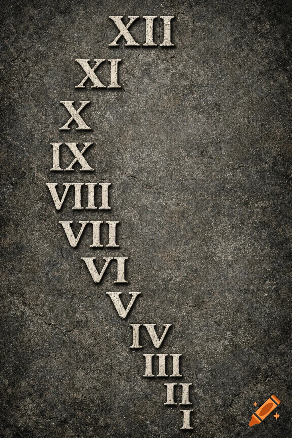 Roman numerals XII down to I arranged in a curve on a dark, textured stone background.