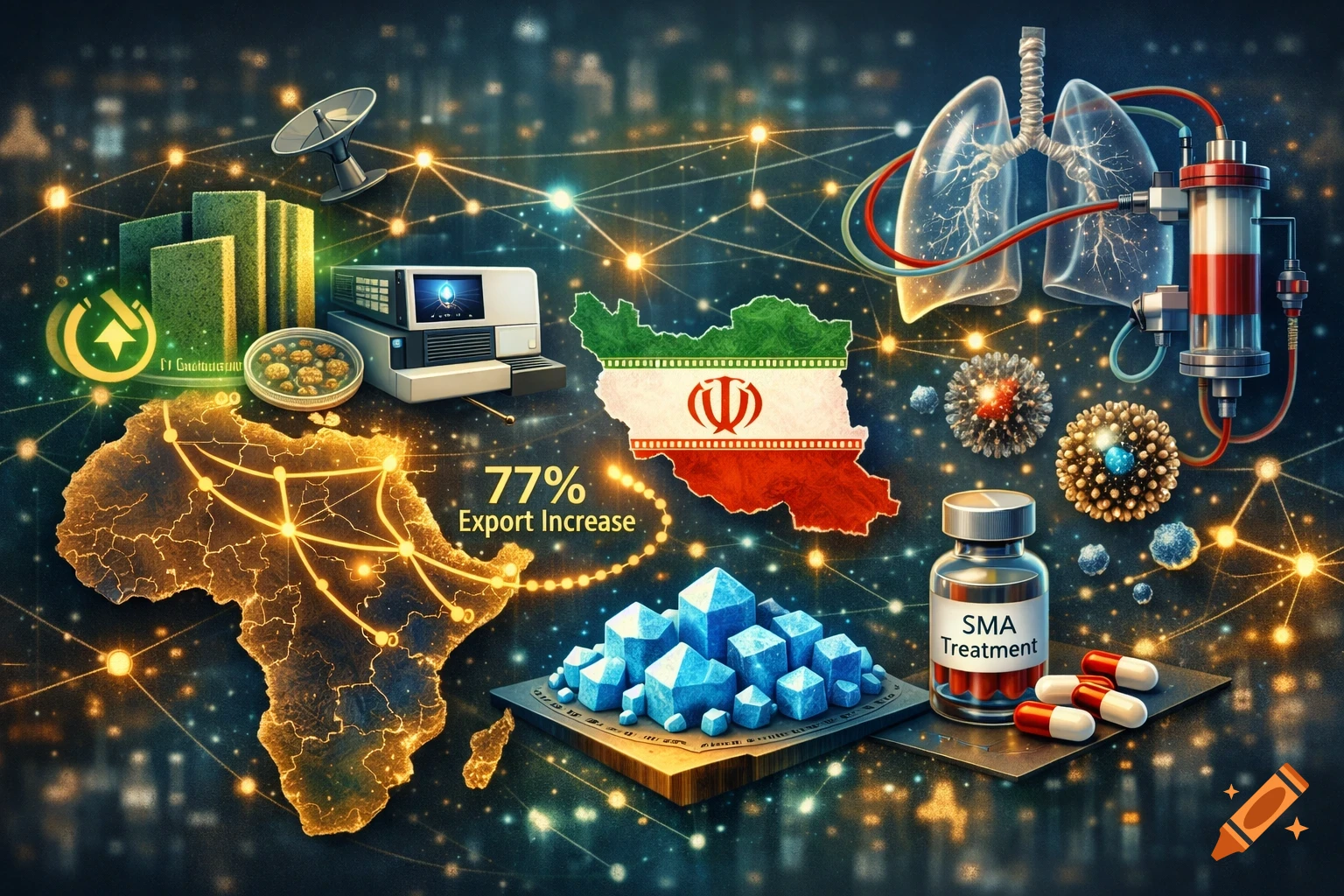 An infographic showing economic and scientific advancements, with a map of Africa, Iran's flag, an artificial lung, a satellite dish, buildings, chemical cells, and a bottle labeled 'SMA Treatment'. Text reads '77% Export Increase'.