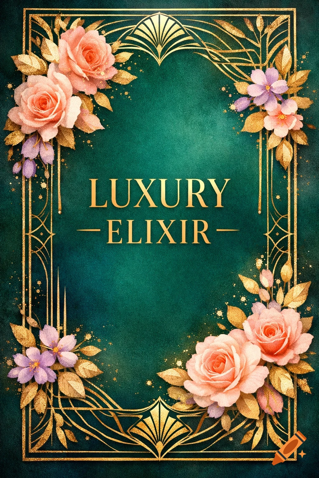 Elegant vertical cosmetic label with a teal background, a gold art deco frame, pink roses, purple flowers, and gold text "LUXURY - ELIXIR -".