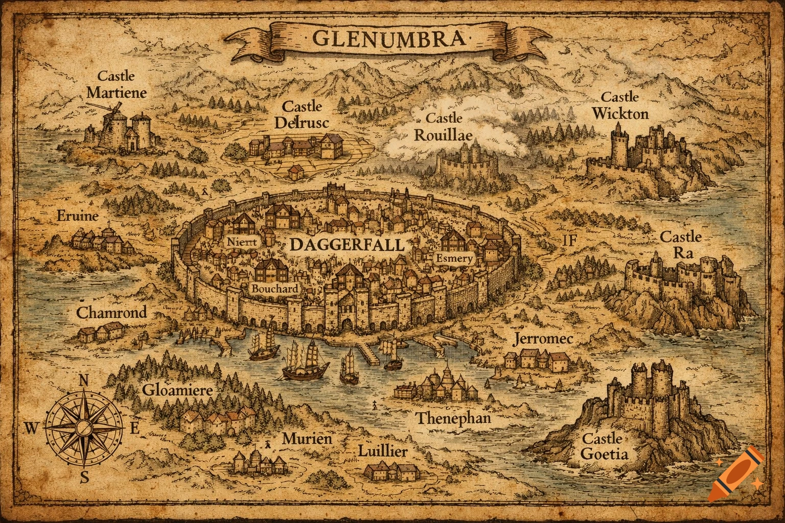 An old-style fantasy map of Glenumbra, featuring the walled city of Daggerfall with a harbor, surrounded by various castles and towns like Martiene, Delrusc, and Goetia, with a compass rose.