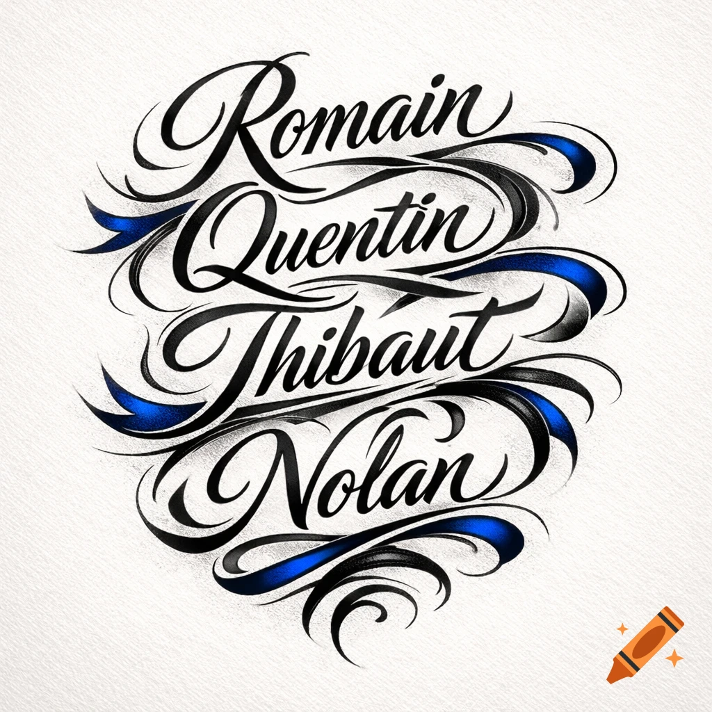Ornate black and blue calligraphic names 'Romain', 'Quentin', 'Thibaut', 'Nolan' with decorative flourishes on a white background.