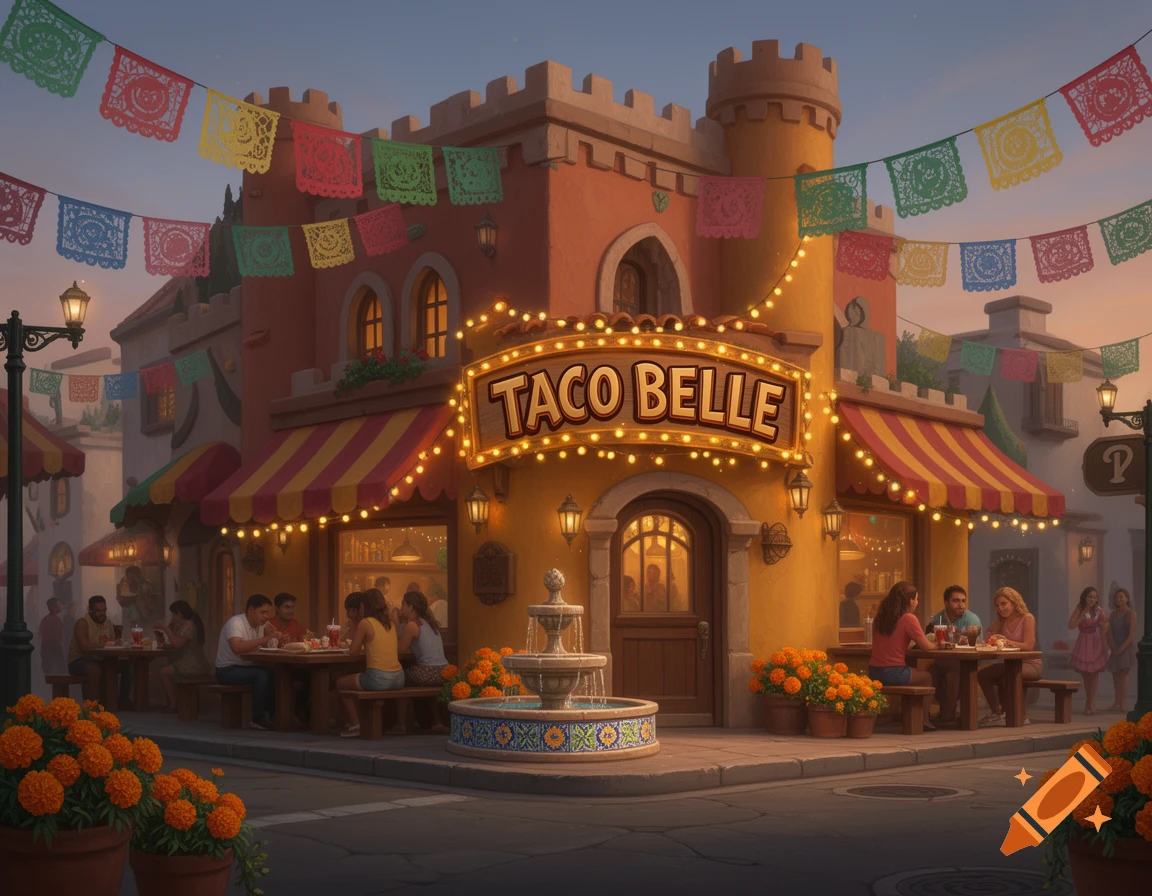A vibrant, stylized restaurant named Taco Belle, with people dining outside under festive lights and banners, surrounded by marigolds at dusk.