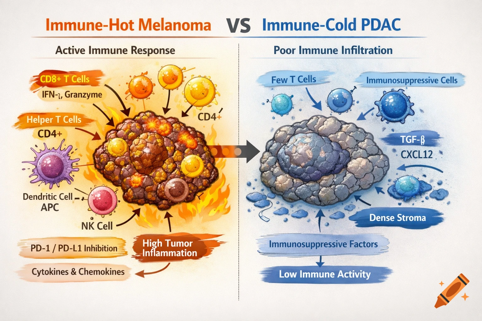 A detailed scientific diagram comparing immune-hot melanoma with active immune response to immune-cold PDAC with poor immune infiltration.