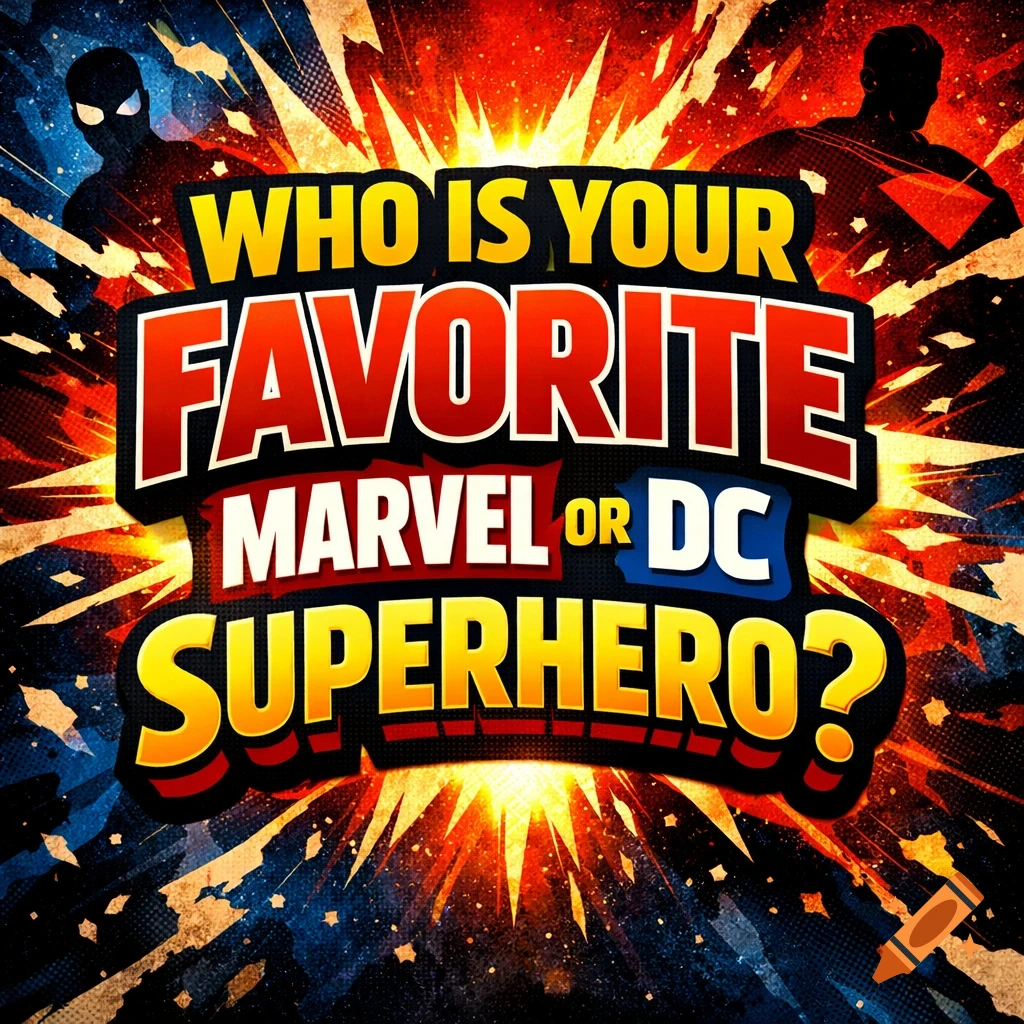 Comic book style graphic with text "WHO IS YOUR FAVORITE MARVEL OR DC SUPERHERO?", featuring silhouettes of Spider-Man and Superman.
