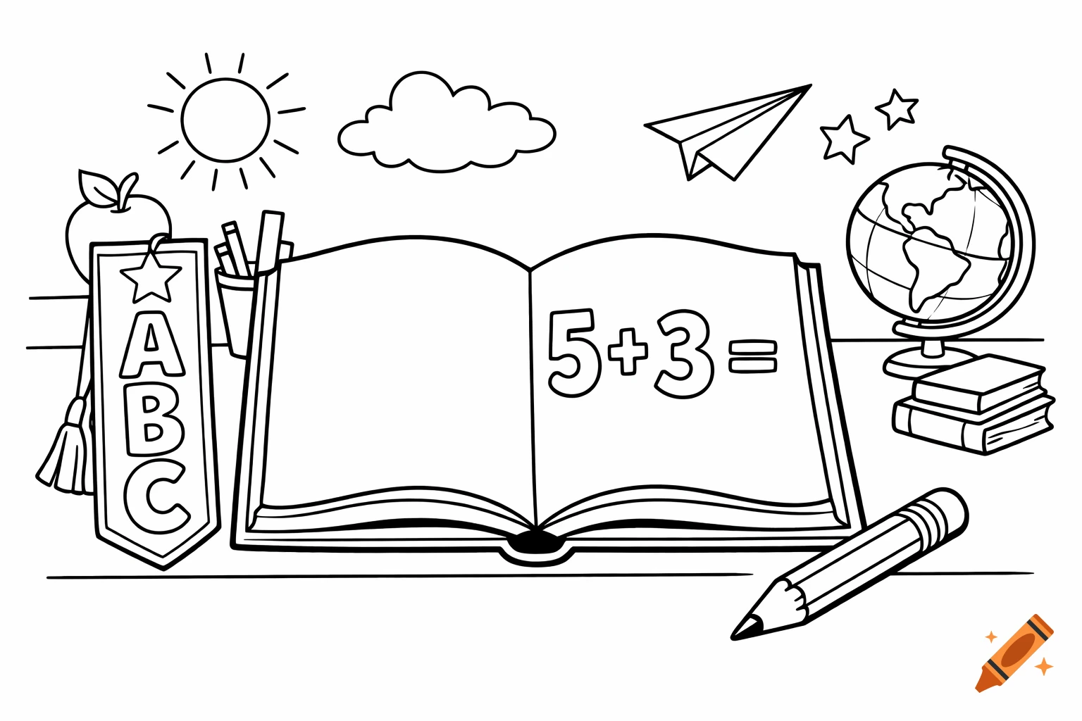 Black and white school-themed coloring page with an open math book showing '5+3=', an ABC bookmark, globe, pencil, and other learning items.