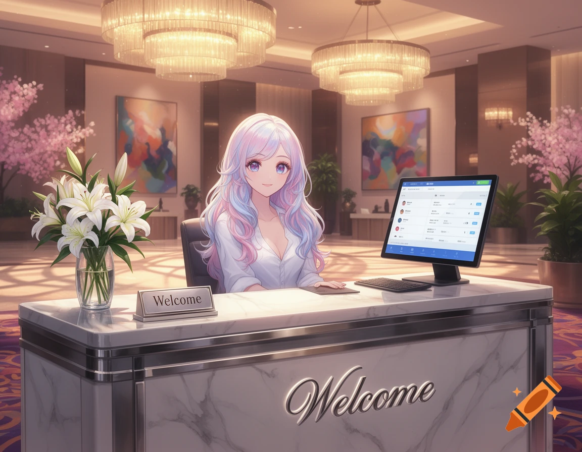 An anime woman with long pastel hair sits at a marble reception desk in a hotel lobby with flowers and chandeliers.