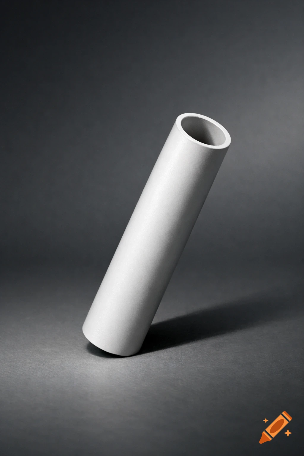 A white hollow cylinder leans diagonally on a dark gray surface, casting a shadow.