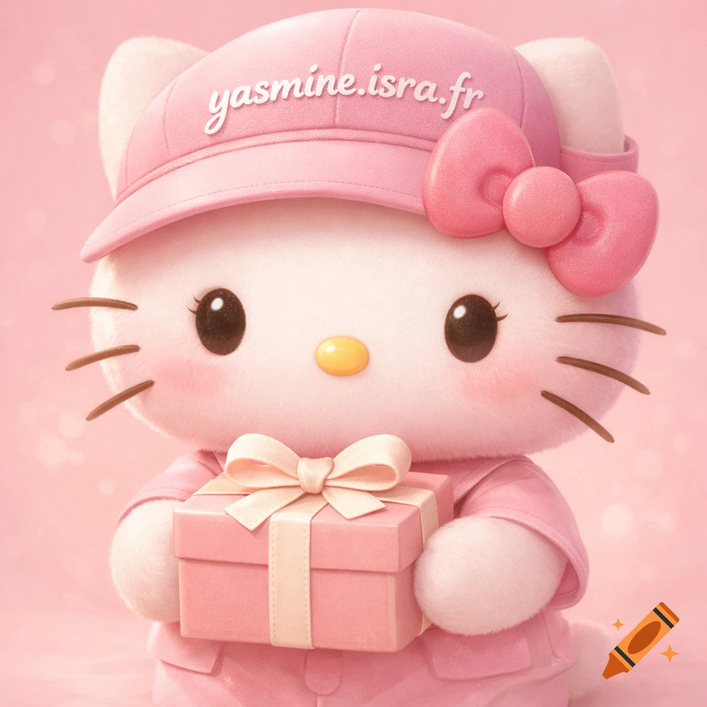 A plush Hello Kitty in a pink outfit and cap holds a pink gift box against a soft pink background. The cap has "yasmine.isra.fr" written on it.
