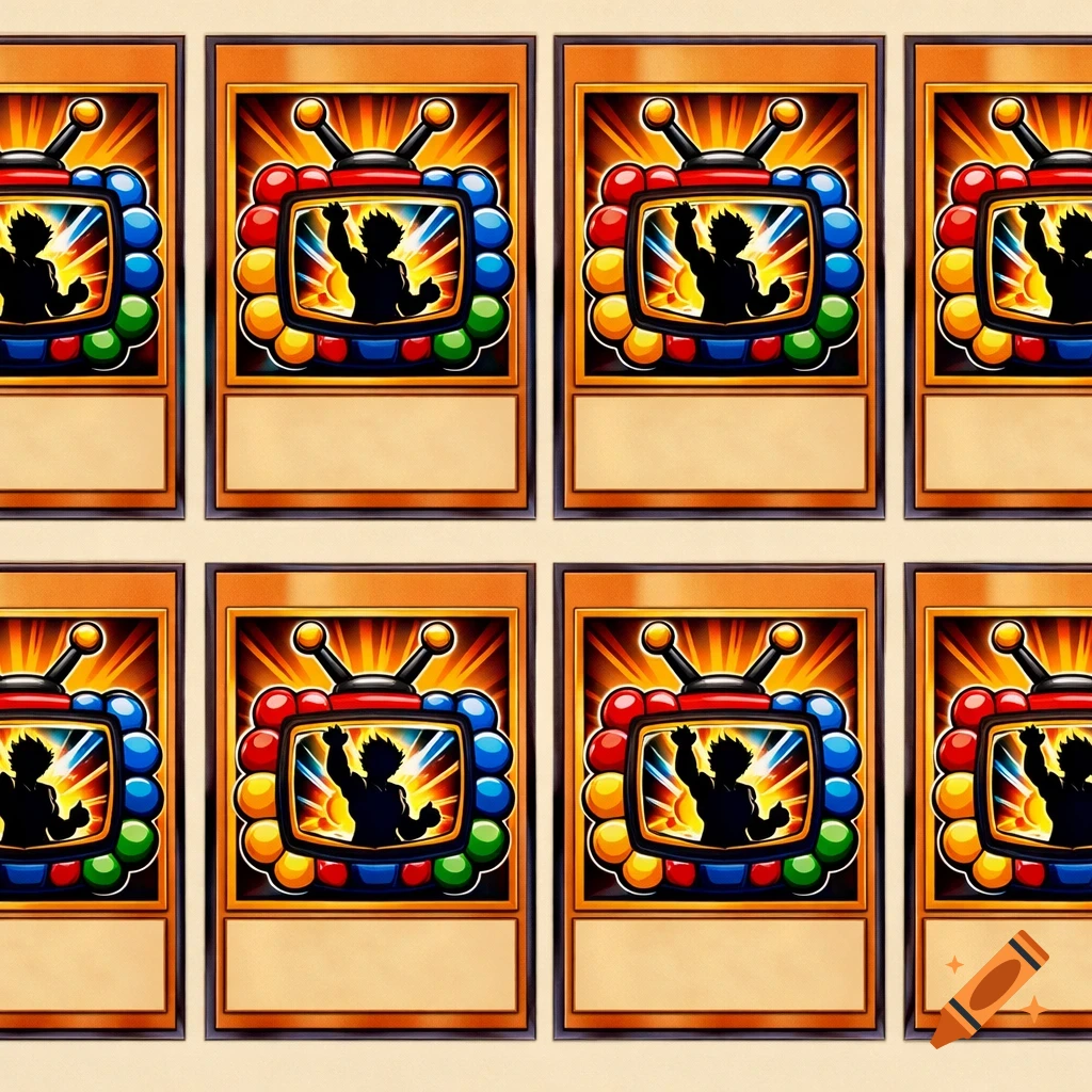 A grid of eight identical Yu-Gi-Oh! style trading cards, each featuring a colorful TV made of marbles with a human silhouette on the screen.
