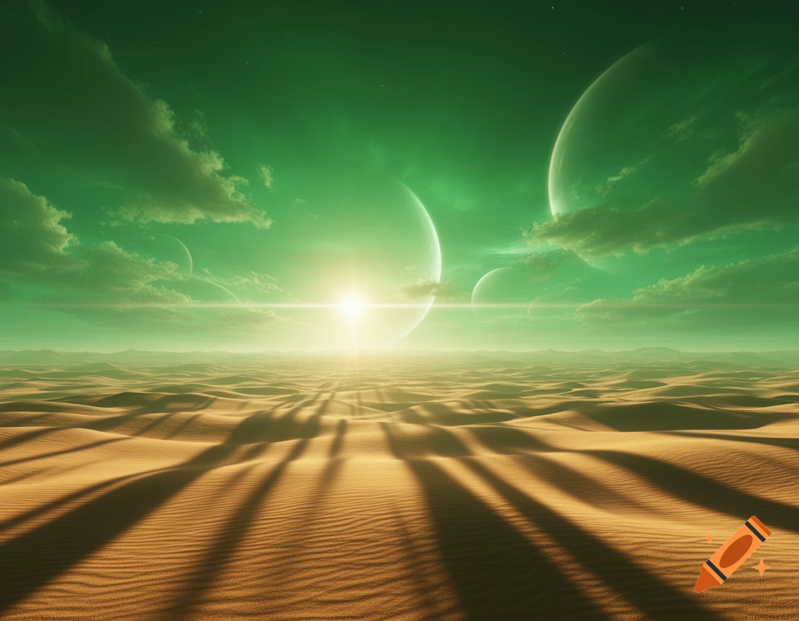 A scenic view of an alien desert planet with vast sand dunes under a bright green sky, featuring multiple moons and a distant sun.