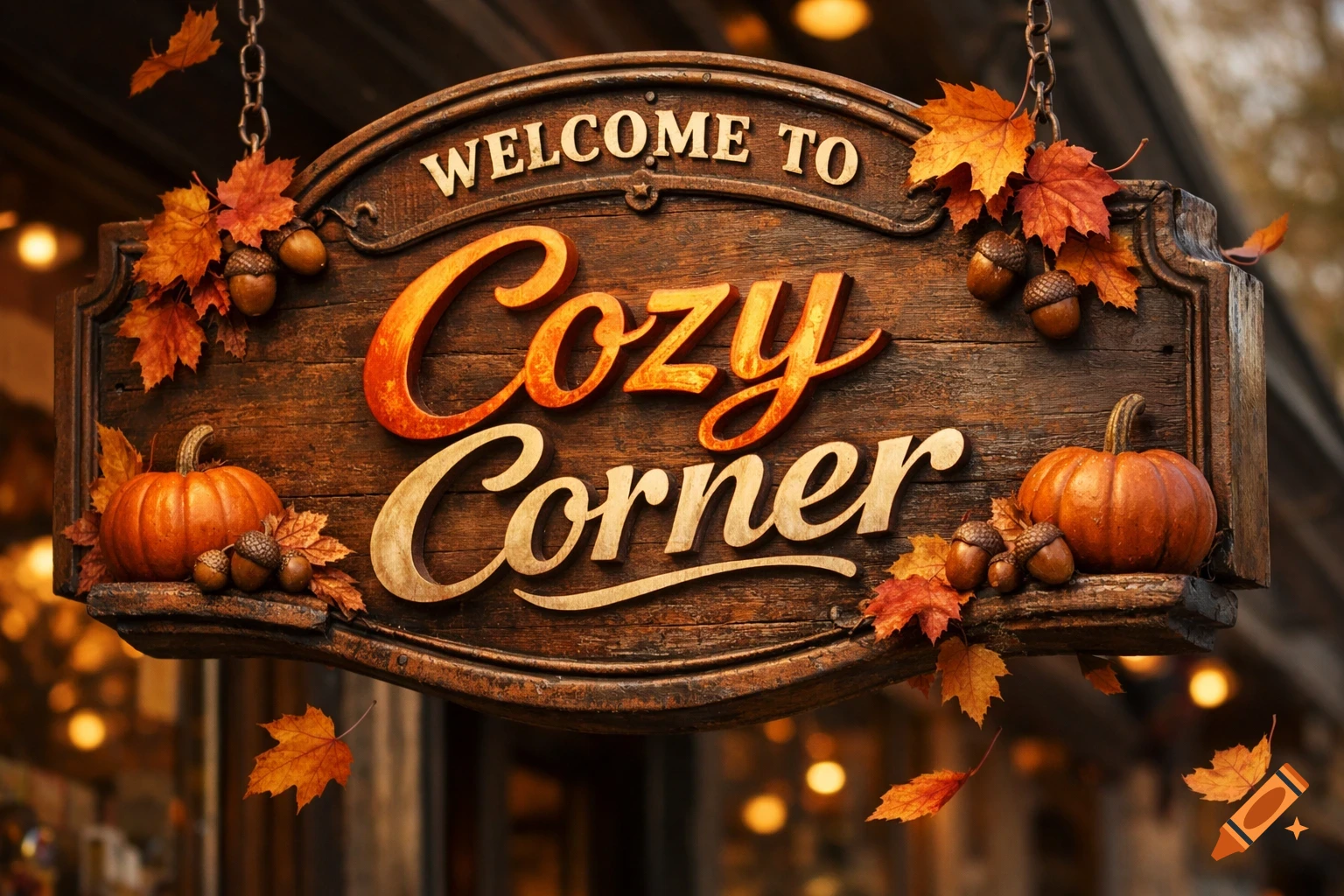 Photorealistic wooden sign for 'Cozy Corner' decorated with autumn leaves, pumpkins, and acorns, evoking a warm fall theme.