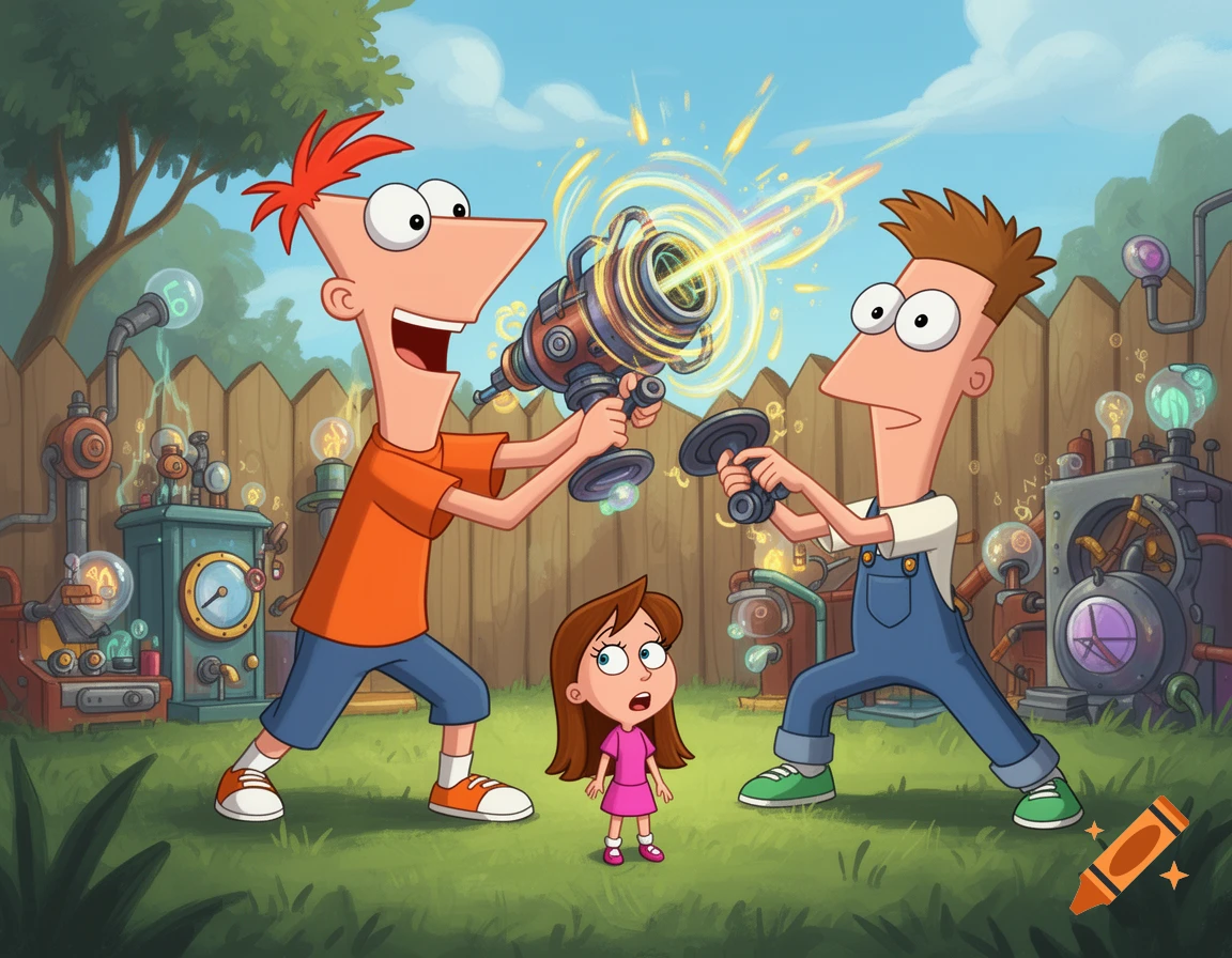 Phineas and Ferb hold a glowing shrink ray while a tiny Candace looks on in a cartoon backyard filled with inventions.