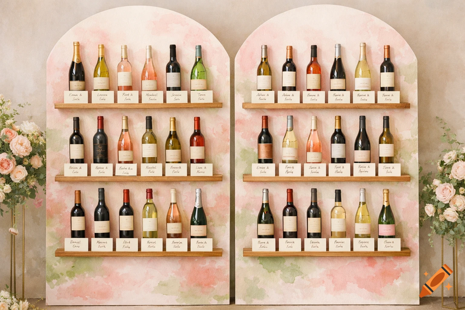 Two arched wedding seat charts, each with three shelves displaying wine bottles and names below on a pink and green watercolor wall.