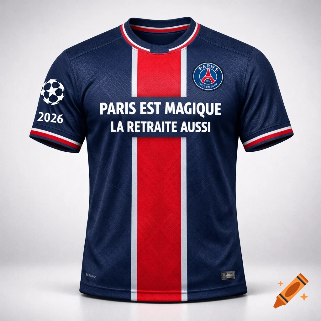 Dark navy blue football jersey with a central red stripe, PSG logo, "PARIS EST MAGIQUE LA RETRAITE AUSSI" text, and "2026" on the sleeve.