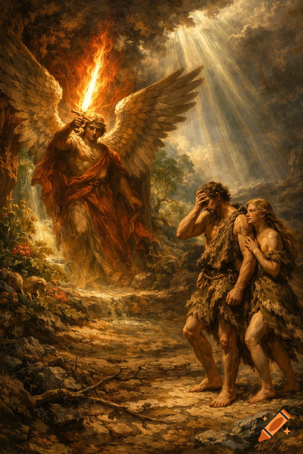 A classical painting depicts Adam and Eve being expelled from Eden by an angel with a flaming sword under dramatic light rays.