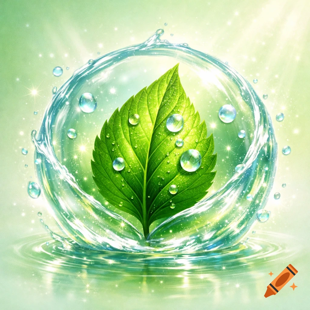 A vibrant green leaf with glistening water droplets, encircled by a swirling clear water sphere, against a glowing green background with sparkles.