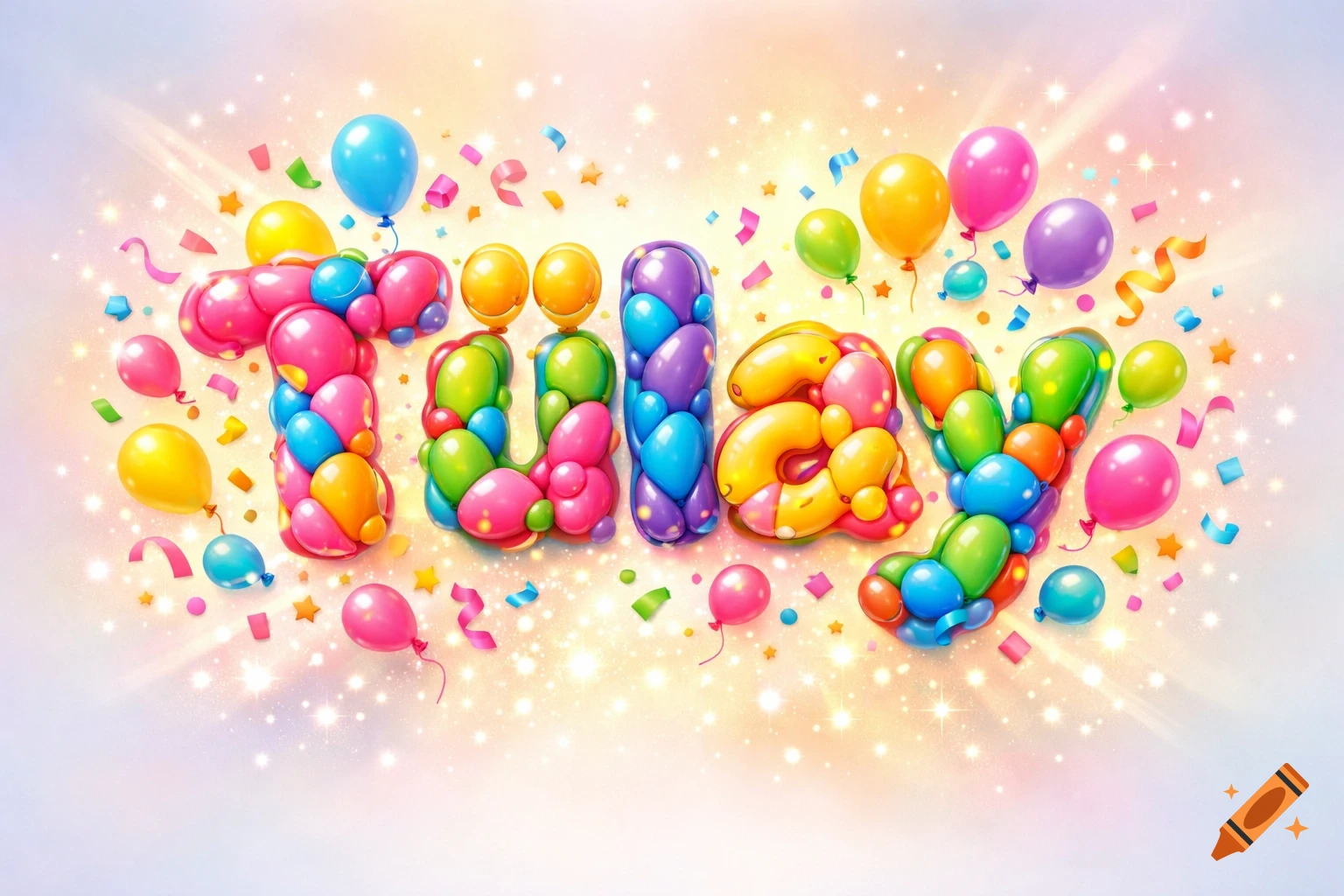 Colorful balloon letters spell 'Tülay' surrounded by confetti, small balloons, and sparkling light on a bright, festive background.