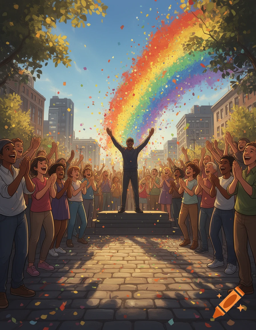 A diverse crowd celebrates in a city street, cheering as rainbow confetti explodes above a person on a stage with raised arms. Illustrative style.