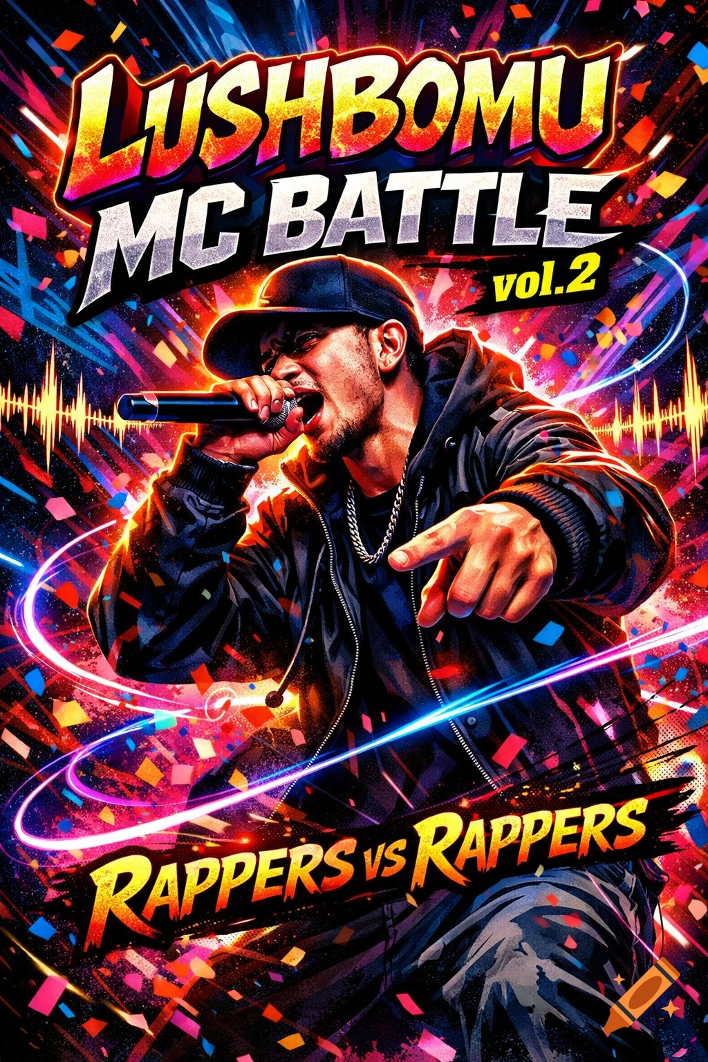 Stylized poster of a male rapper with a microphone against a vibrant background of confetti and neon lights, text reads 'LUSHBOMU MC BATTLE vol.2 RAPPERS vs RAPPERS'.