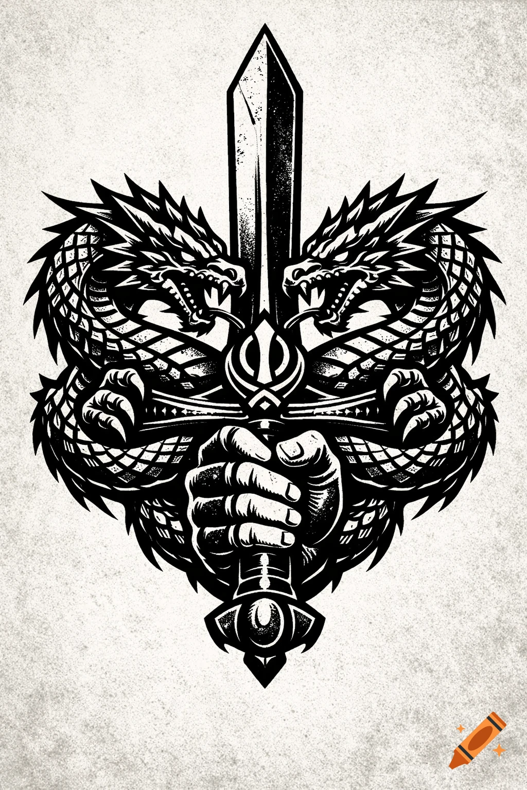 Black and white tattoo-style illustration of a hand gripping a sword hilt, flanked by two fierce dragons with open mouths.