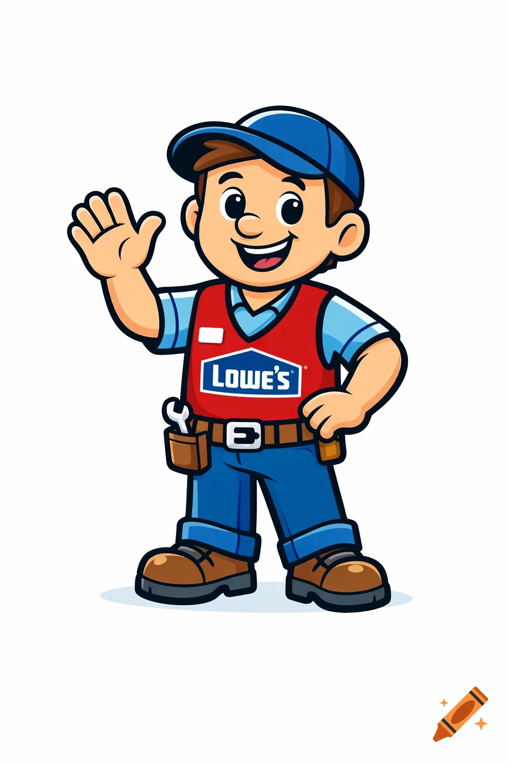 A friendly cartoon mascot wearing a blue cap, red Lowe's vest, and tool belt waves. White background, vector style.