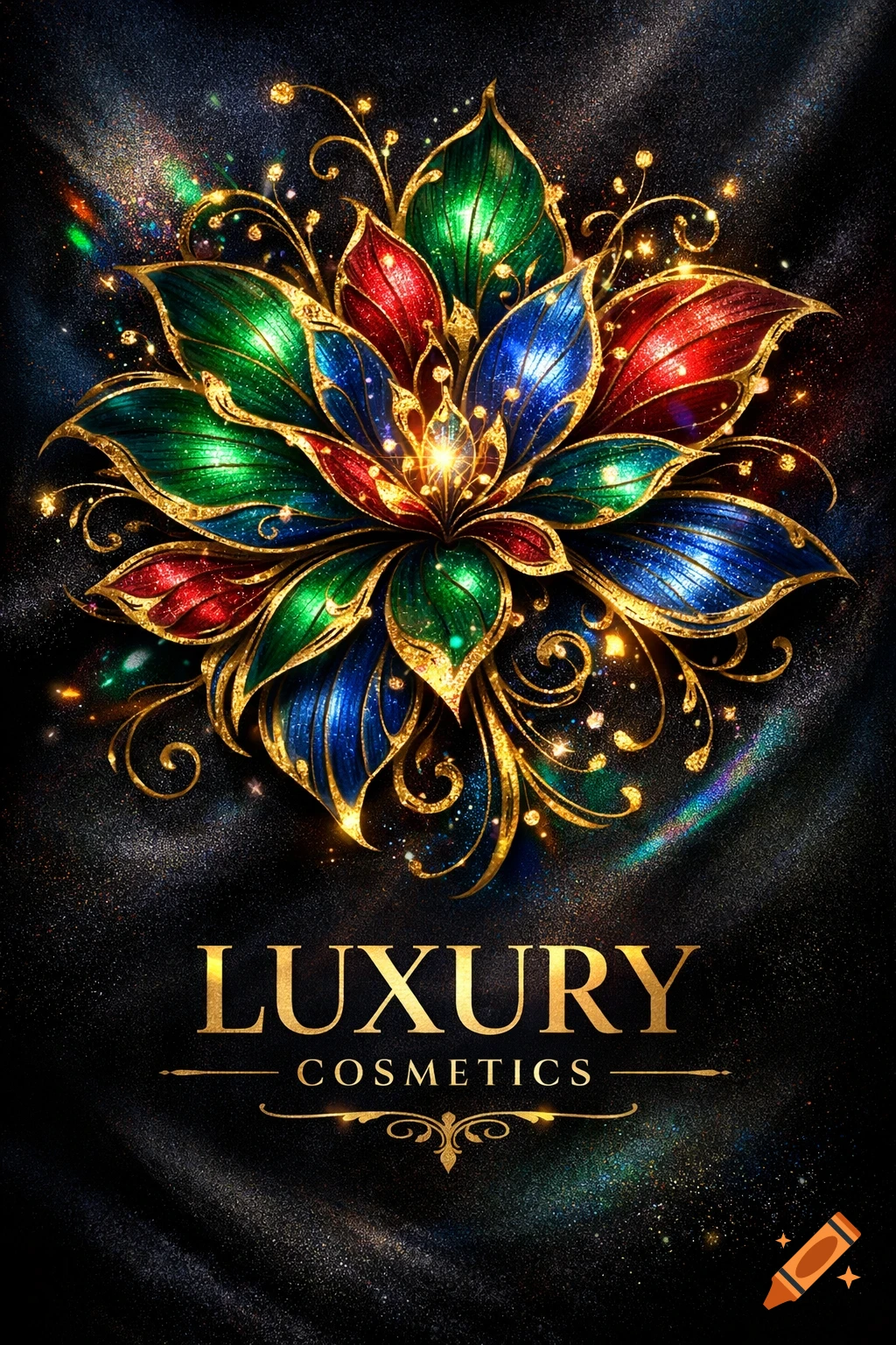 A vibrant, jewel-toned flower with gold glitter accents and the text 'LUXURY COSMETICS' on a dark, sparkly background.