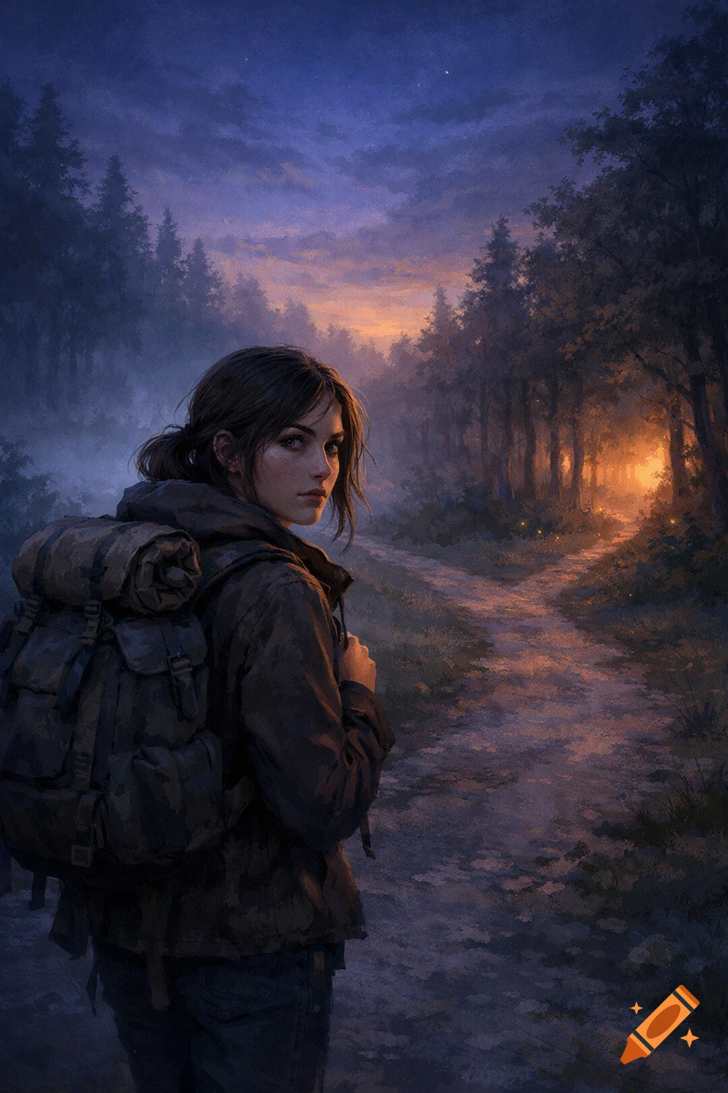 A young woman with a backpack walks on a winding path through a misty forest at dusk, digital painting.