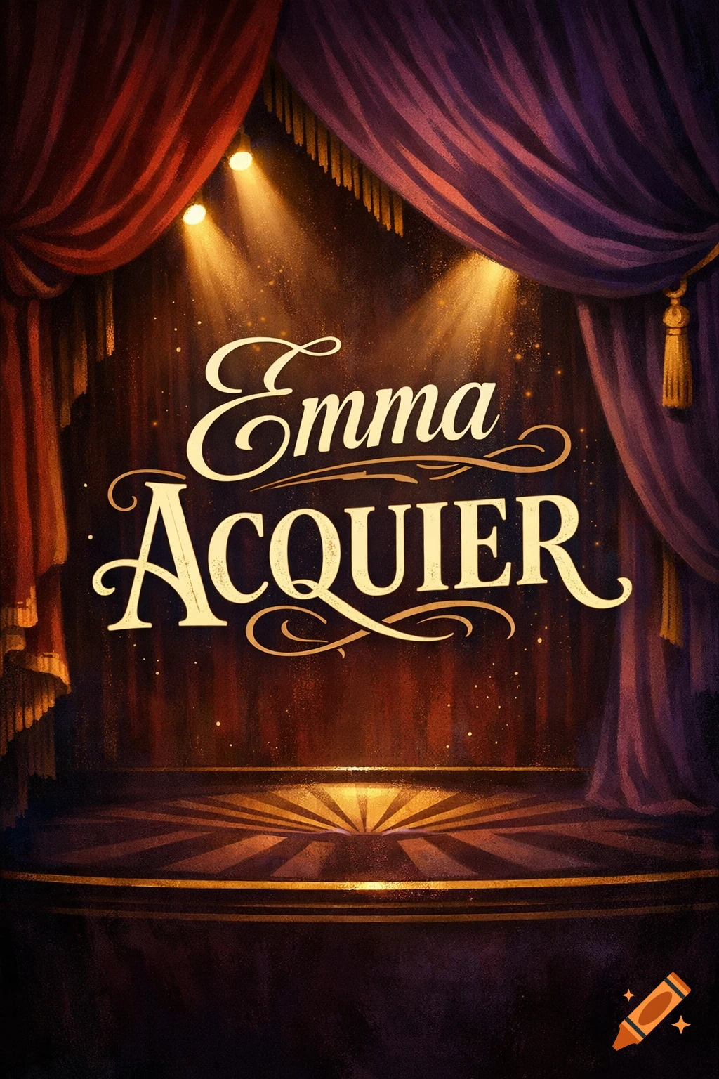 An illuminated theater stage with red and purple curtains and spotlights. The name "Emma Acquier" is prominently displayed in a decorative golden font.