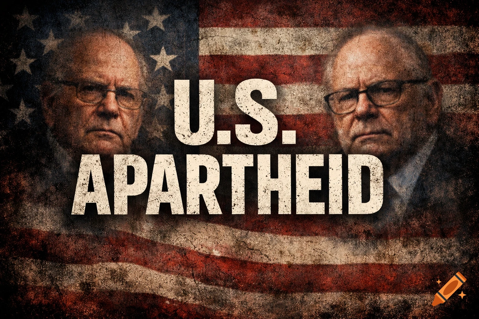 A distressed American flag with "U.S. APARTHEID" in bold white letters, flanked by two serious white men in glasses.