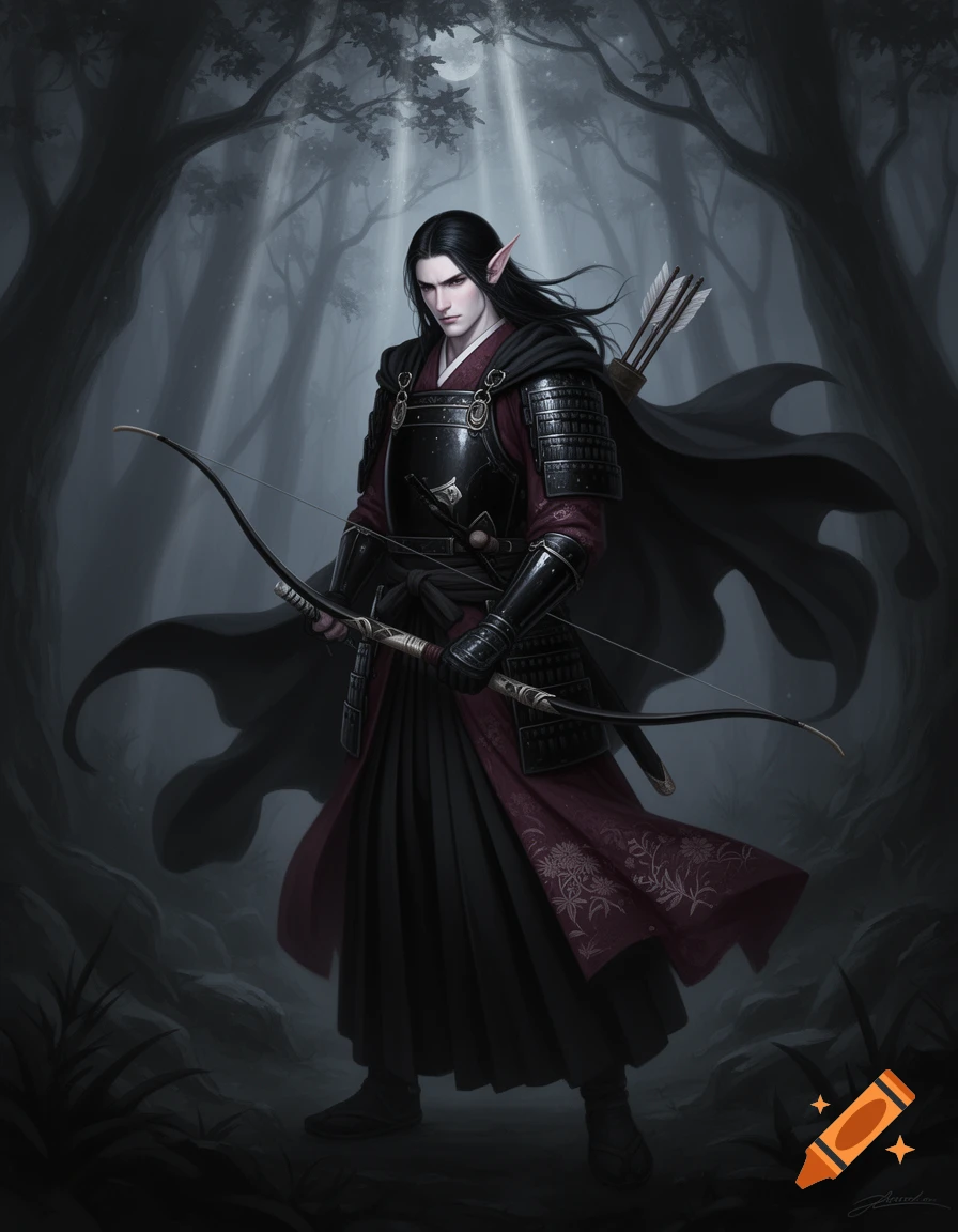 A dark-haired male elf ranger in black samurai armor and a wine-red kimono, holding a bow in a moonlit dark forest.