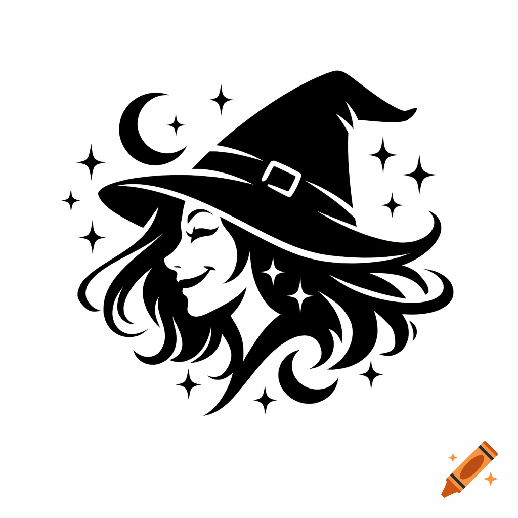 A black and white silhouette logo of a smiling witch's face with a pointy hat, crescent moon, and stars.