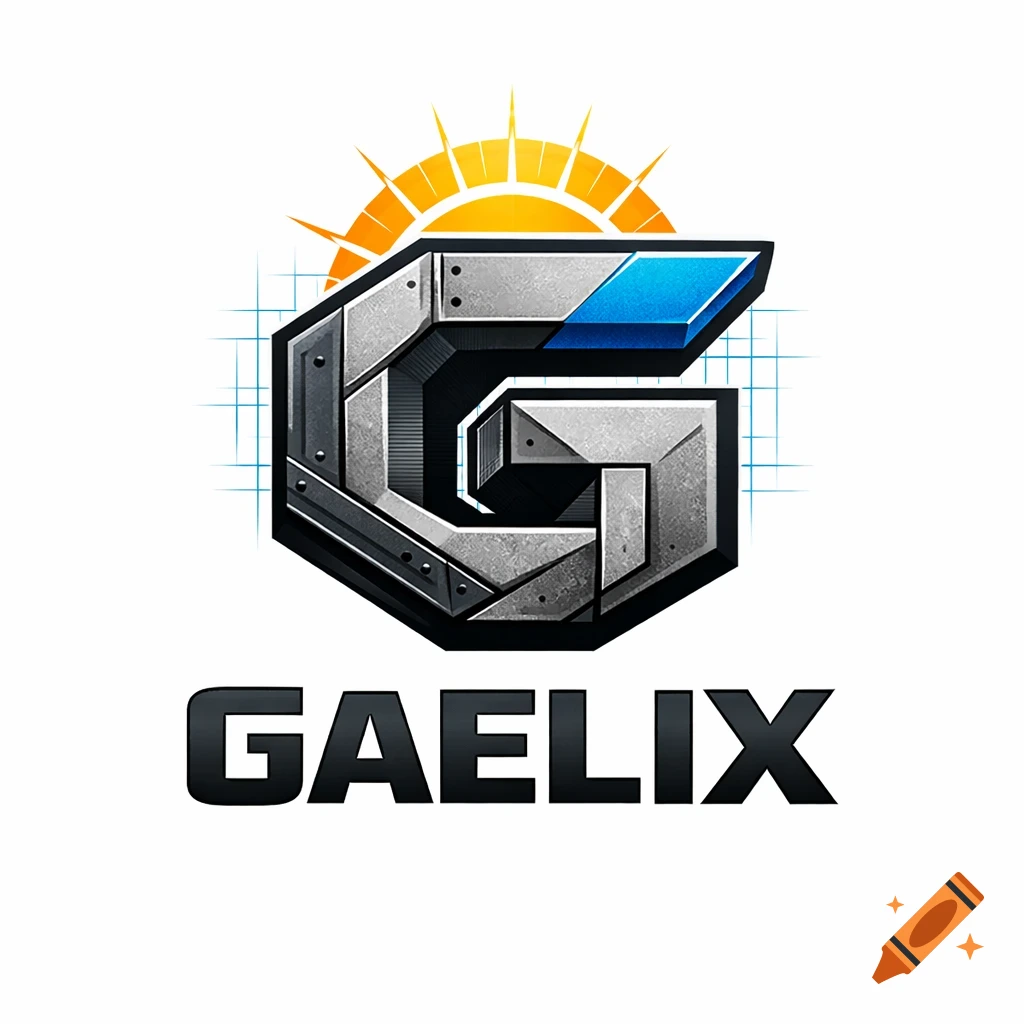A metallic, industrial-style 'Gaelix' logo featuring a stylized 'G' emblem in grey with blue accents, topped by a yellow sunburst on a white background.