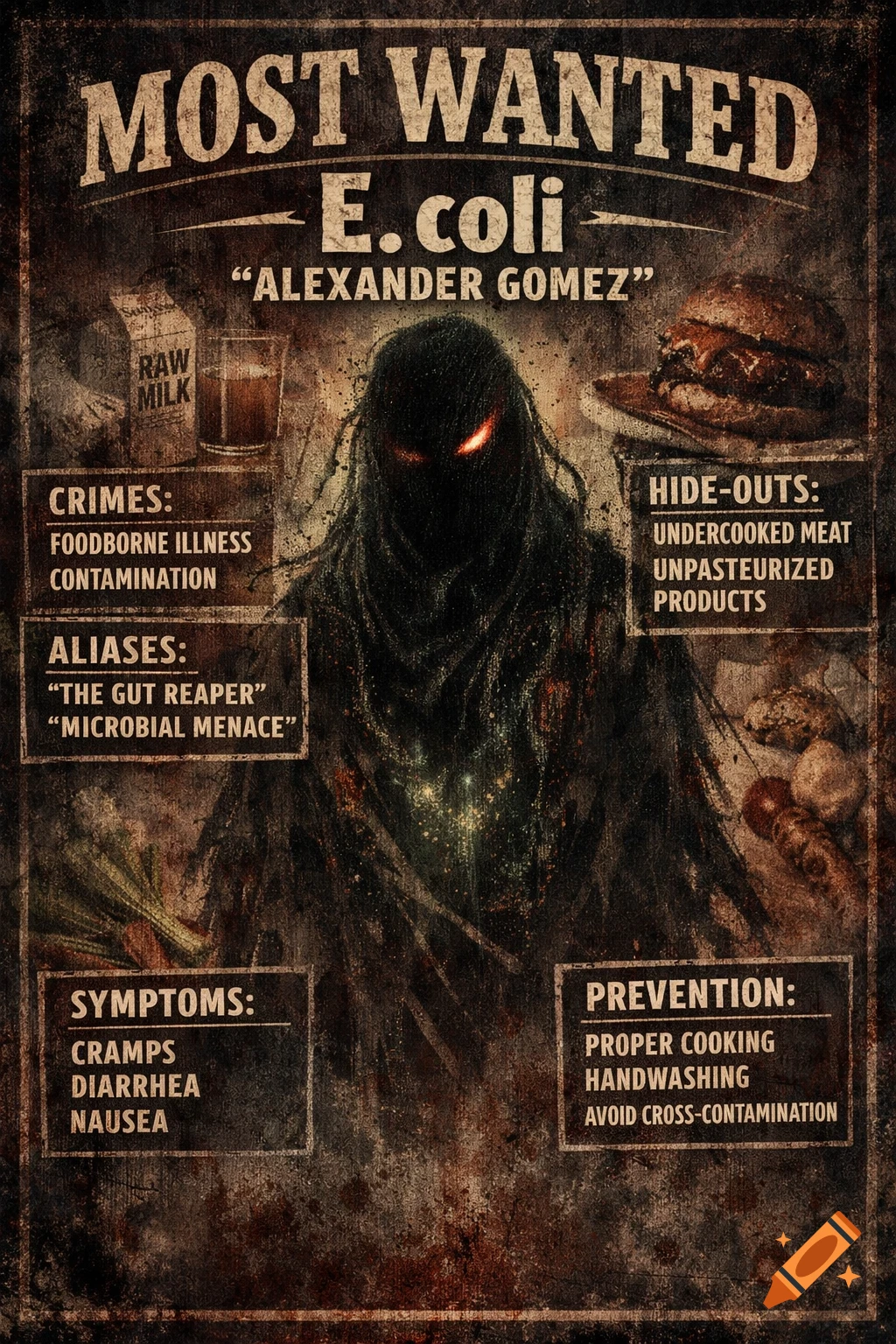 A grungy, dark 'Most Wanted' poster for E. coli, depicted as a shadowy figure with glowing red eyes. The poster lists its crimes, aliases, hide-outs, symptoms, and prevention methods, along with illustrations of raw milk and a burger.