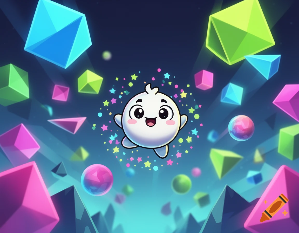 Happy white cartoon character floats among glowing blue, green, and pink geometric shapes in a vibrant space.