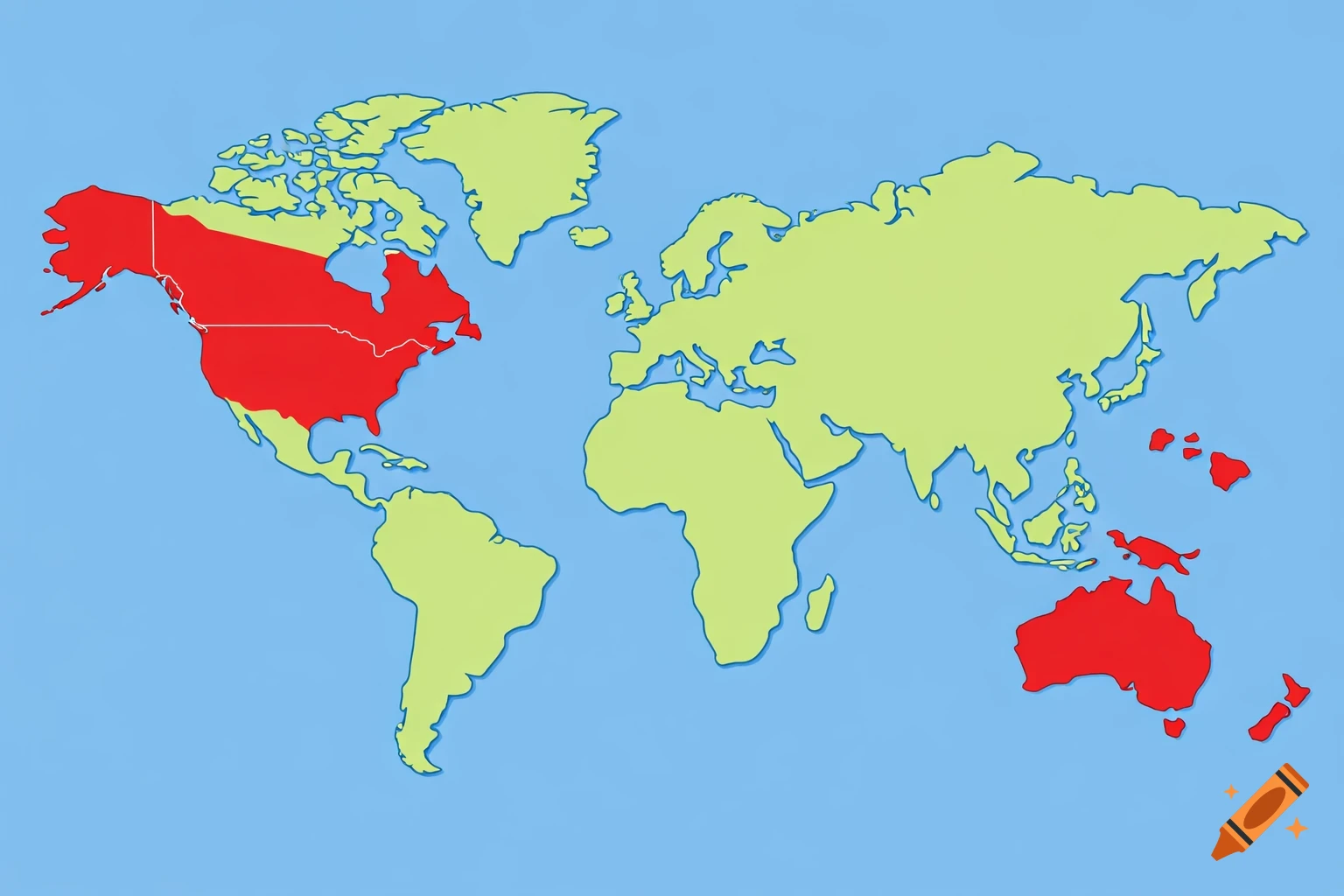 A world map showing North America, Australia, New Zealand, and several Pacific islands highlighted in red.