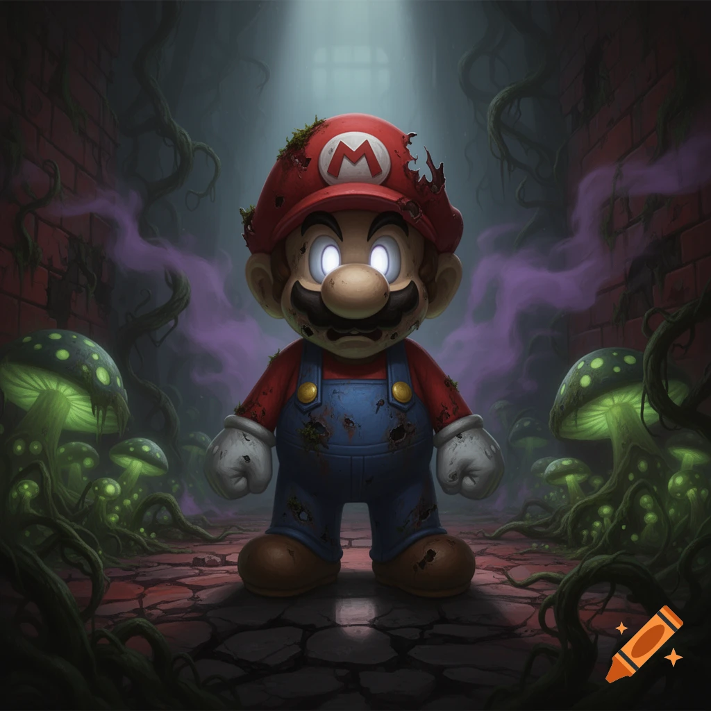 Scary, zombified Mario with glowing eyes and torn clothes stands in a dark dungeon with glowing green mushrooms and vines.