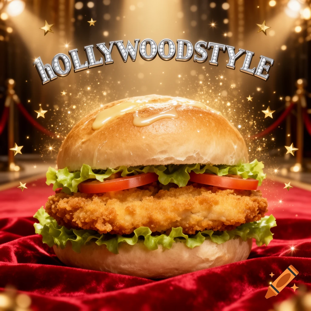 A close-up of a fried chicken burger on a red velvet carpet, surrounded by golden sparkles and stars, with 'hOLLYWOODSTYLE' text above.