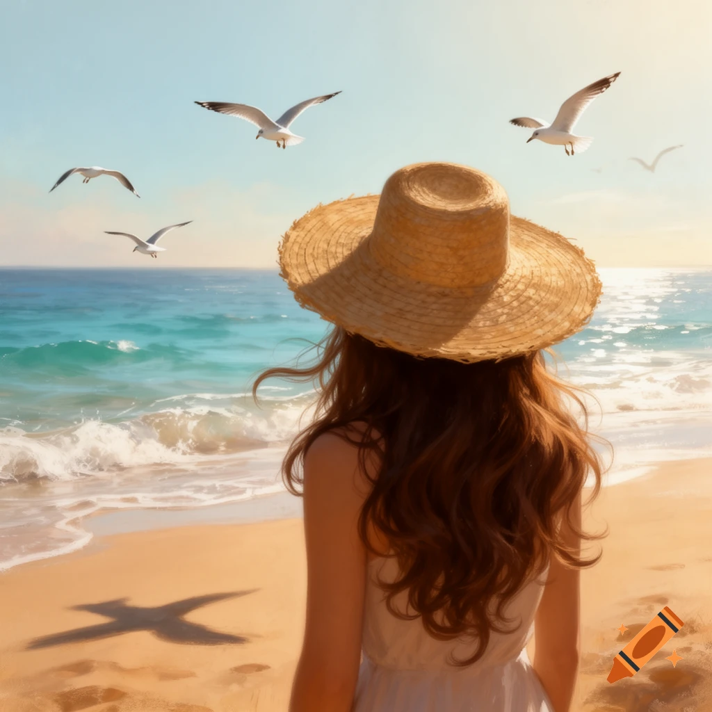 A woman in a straw hat with long brown hair stands on a sunny beach ...