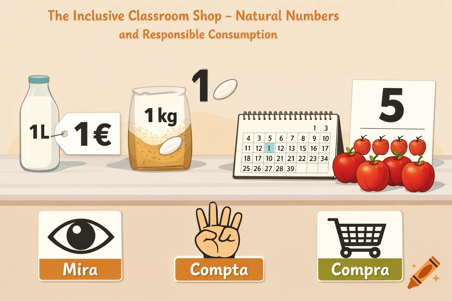 An educational illustration for 'The Inclusive Classroom Shop' with items like milk, rice, a calendar, apples, and pictograms for 'Mira' (Look), 'Compta' (Count), and 'Compra' (Buy).