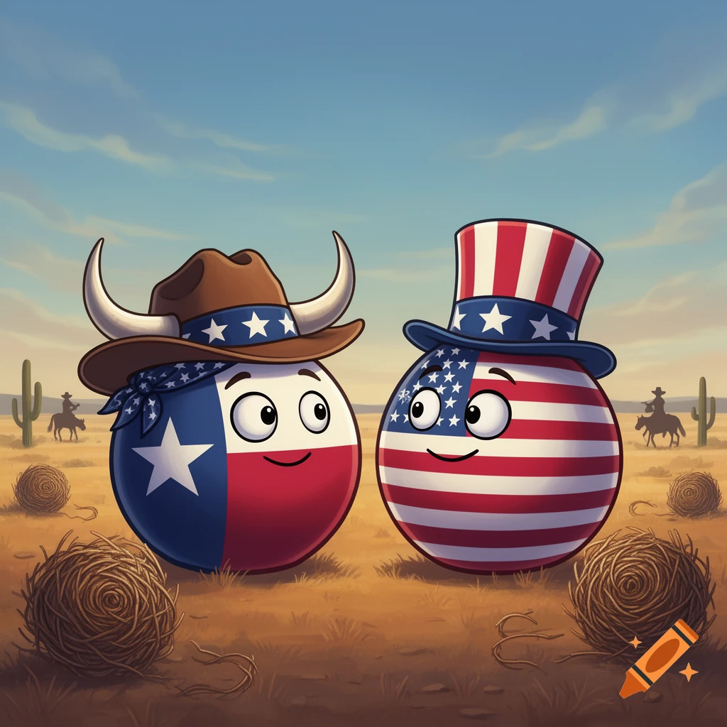 Cartoon Texas and USA countryballs in cowboy and Uncle Sam hats standing in a desert landscape with tumbleweeds and cacti.