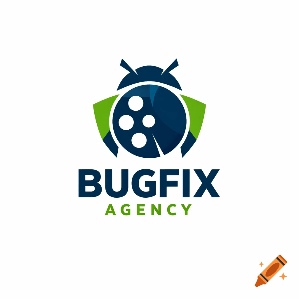 Dark blue and green 'Bugfix Agency' logo with a stylized bug, film reel, and text.
