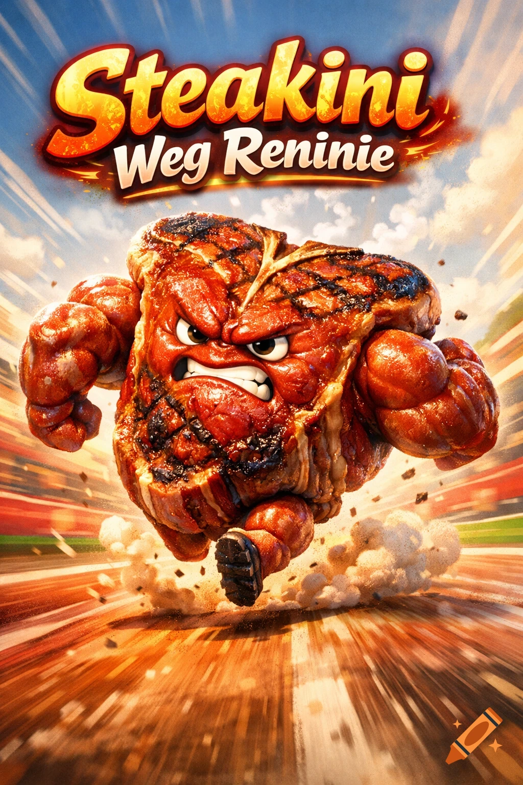 A muscular, angry cartoon steak with grill marks runs intensely with the text 'Steakini Weg Reninie' above it.