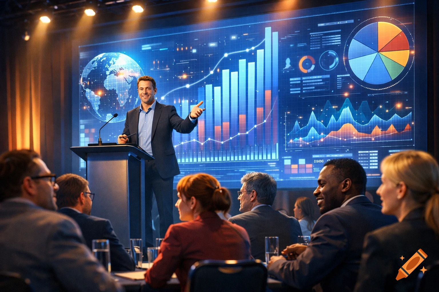A male speaker in a suit presents to an audience, gesturing towards a large screen displaying business graphs and a globe.