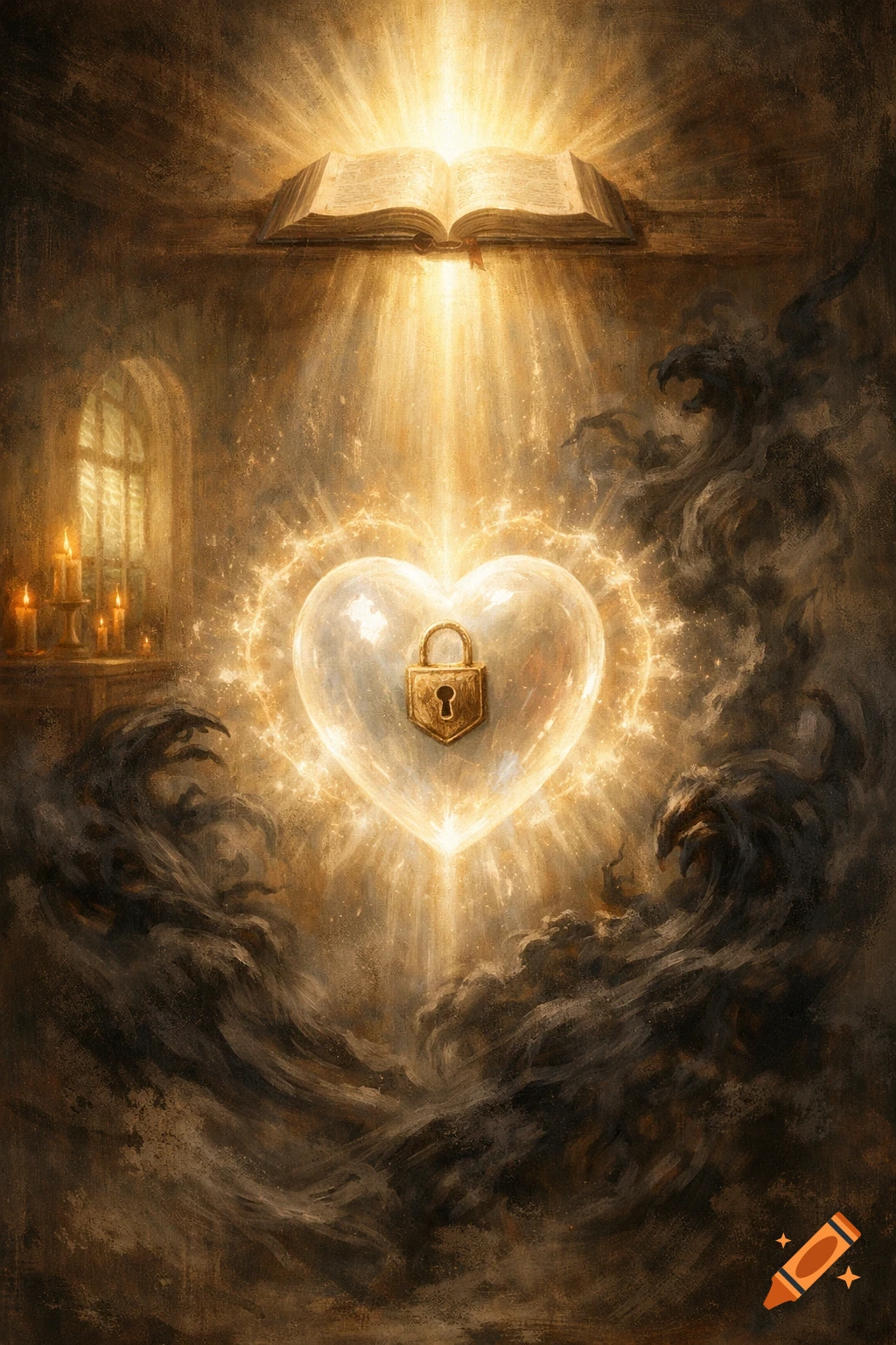 A glowing, locked heart surrounded by dark wisps, illuminated by divine light from an open Bible in a dark, spiritual, painterly scene.