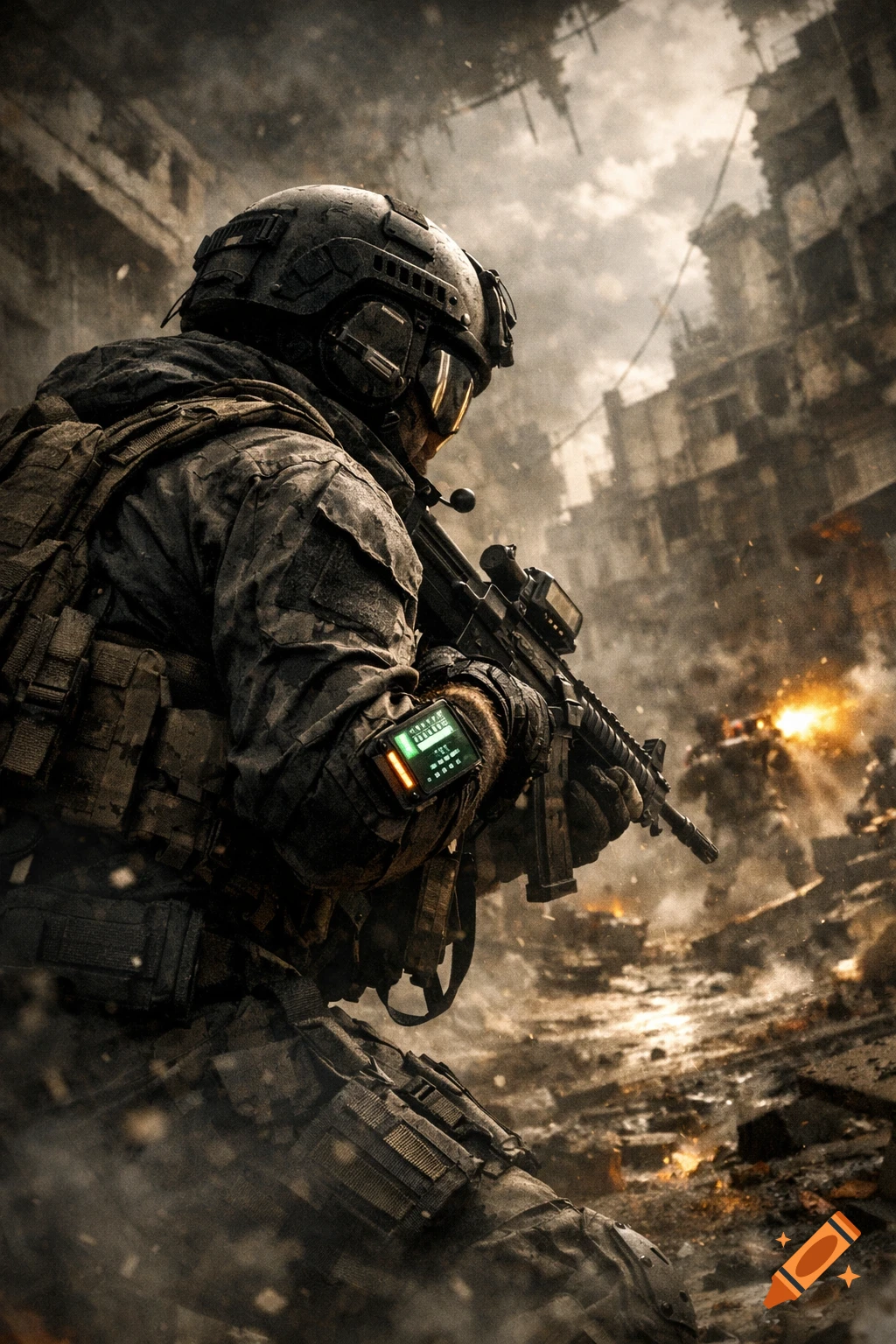A soldier in tactical gear, helmet, and rifle, crouches in a war-torn city with smoke and explosions in a dramatic, photorealistic style.