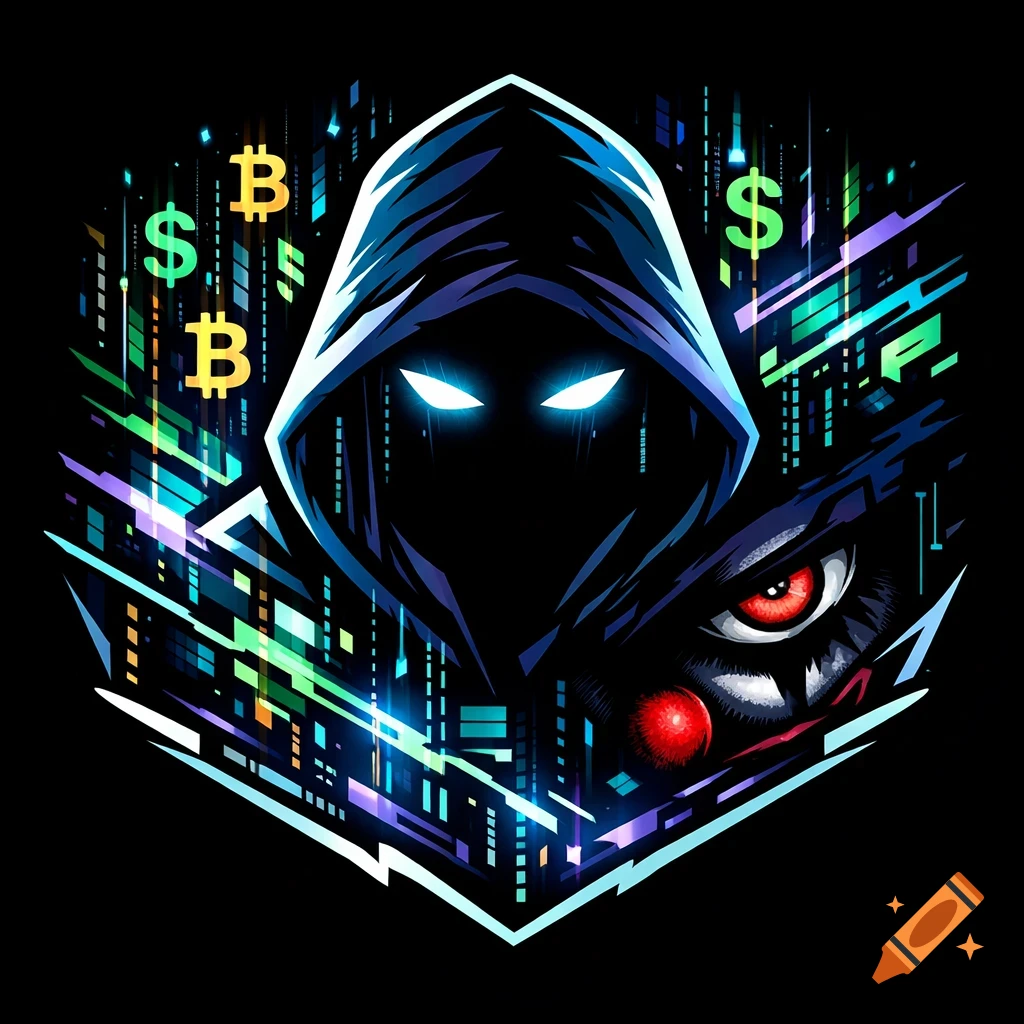 A stylized logo of a hooded figure with glowing eyes, digital lines, Bitcoin and dollar symbols, and a creature's red eye, on a black background.