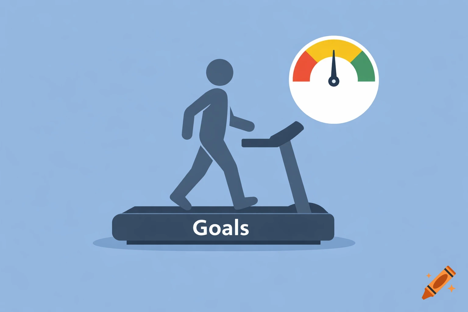 A minimalist infographic illustration of a stick figure walking on a treadmill labeled 'Goals', with a speedometer showing progress.