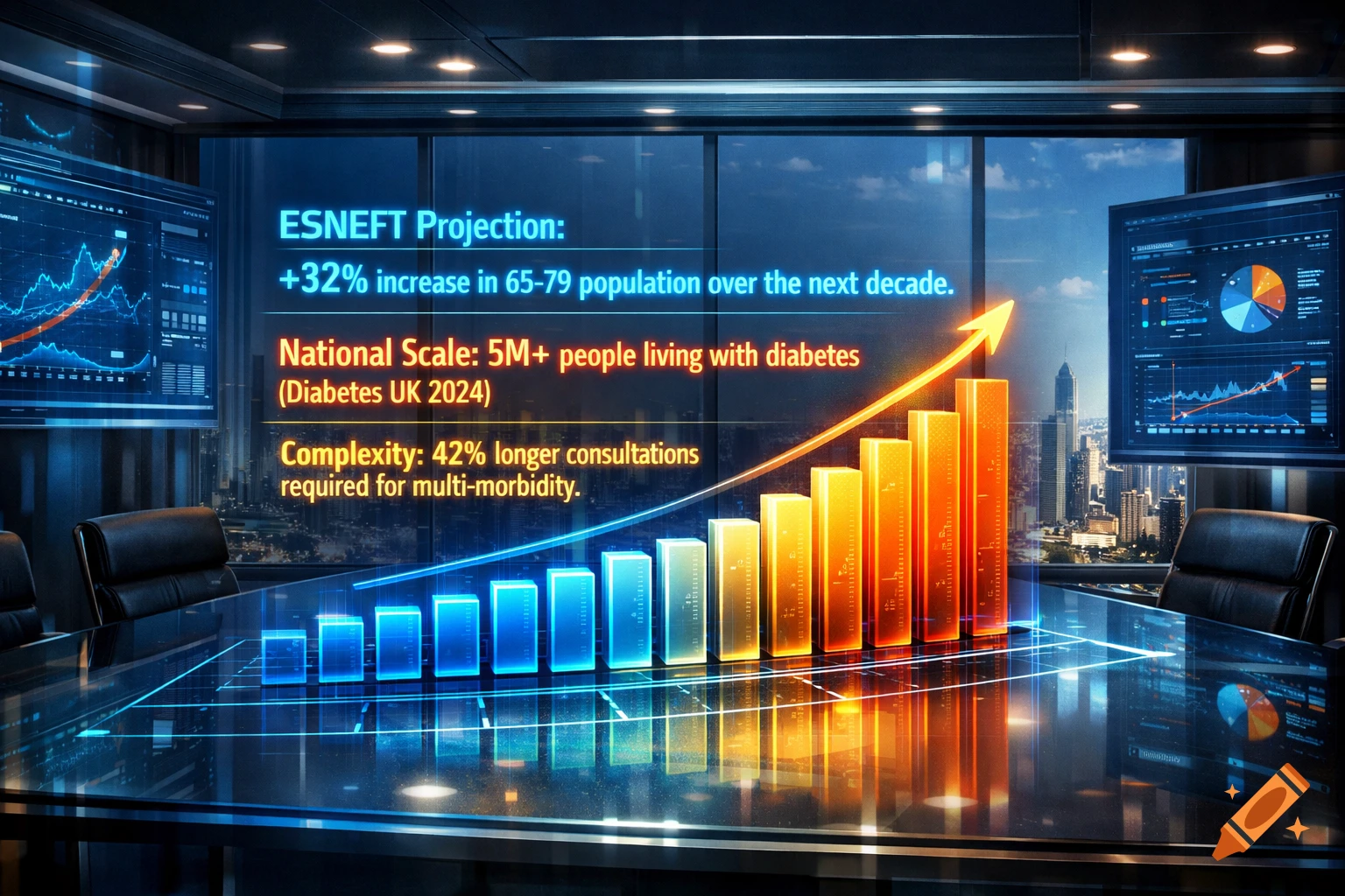 A futuristic meeting room with a large holographic bar graph projecting data about population increase, diabetes, and multi-morbidity, with a cityscape outside.