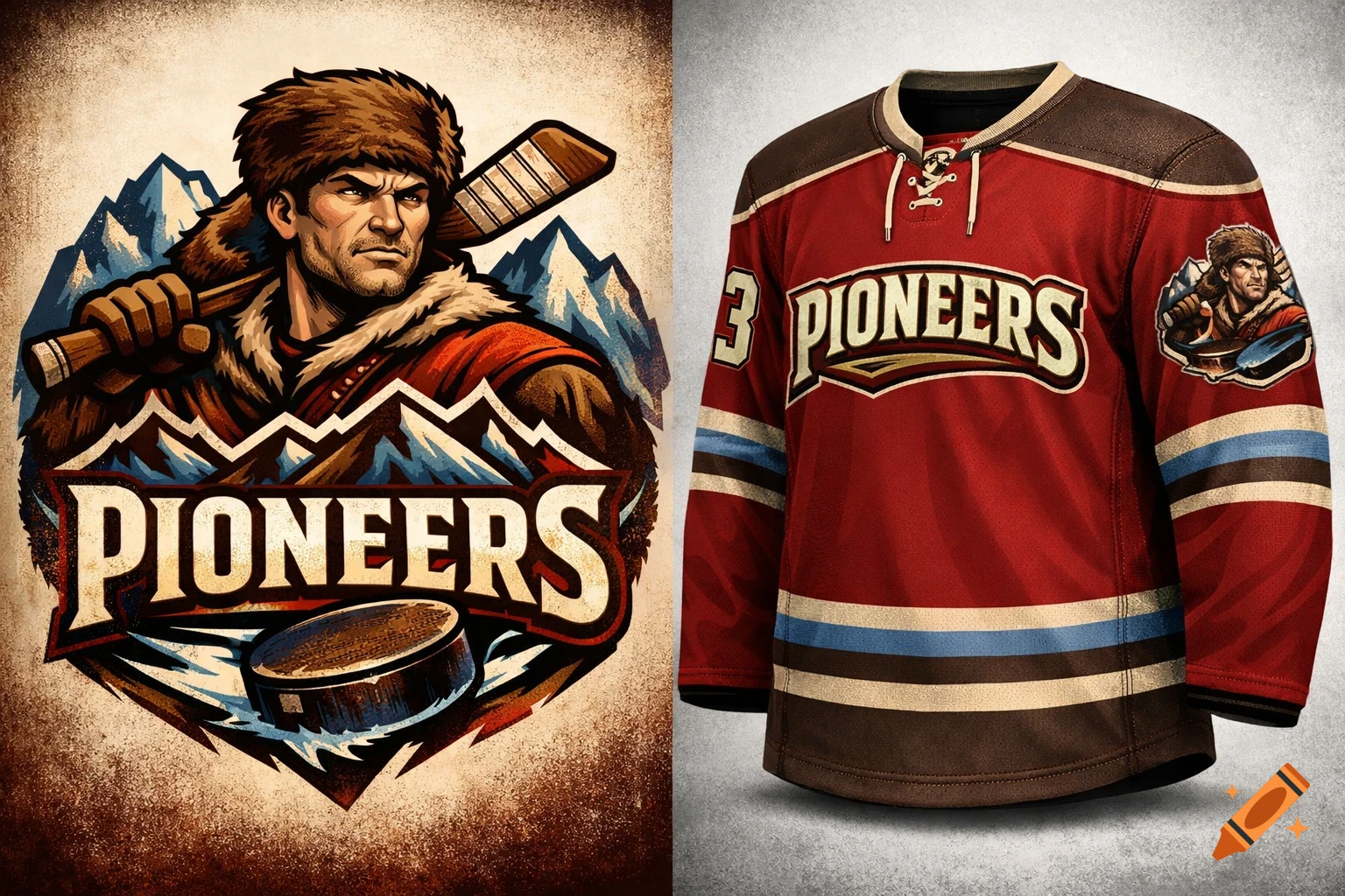 A split image showing a hockey team logo with a fur-hatted man, mountains, and a puck on the left, and a red hockey jersey with the PIONEERS logo on the right.