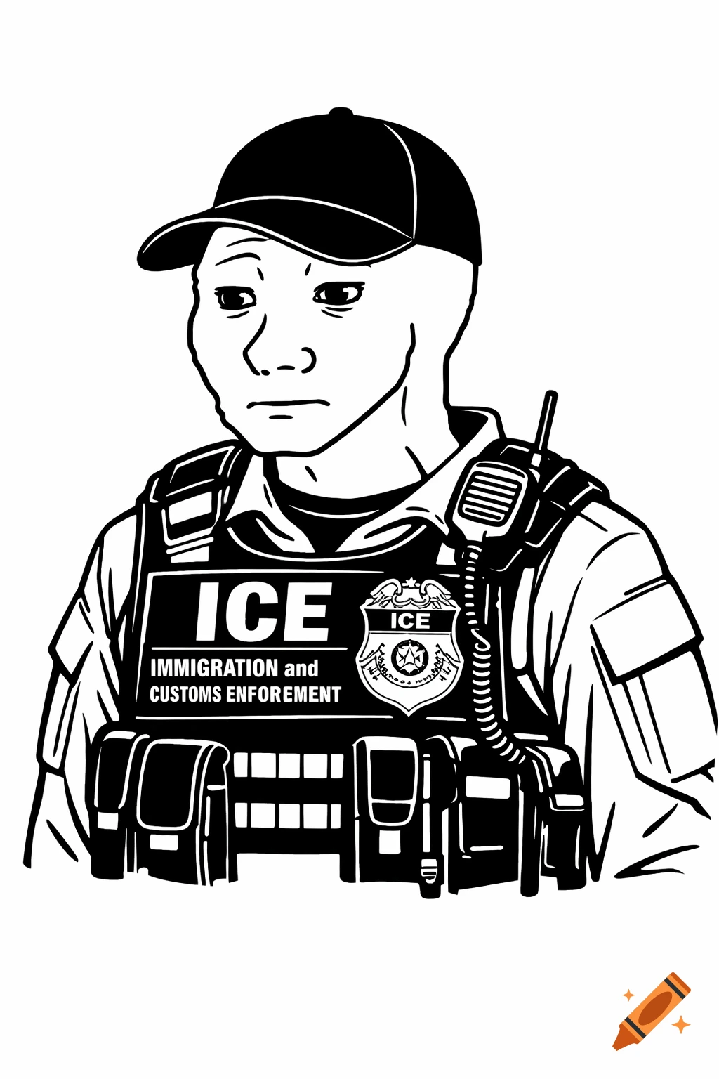 Black and white line art illustration of a sad Wojak meme character wearing an ICE agent uniform, tactical vest, and baseball cap.